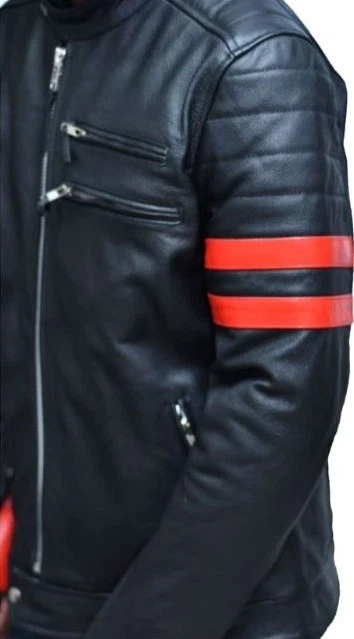 Men's Black Red Stripe Cowhide Leather Biker Jacket | Vintage Cafe Racer Jacket - Image 2 of 4