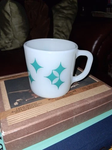 Vtg ATOMIC STARBURST Federal Milk Glass coffee cup MCM space-age MUG Turquoise