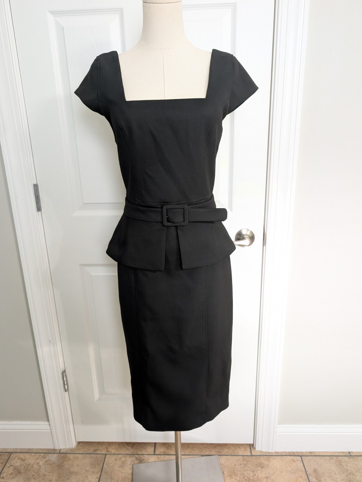 Ted Baker Fleurrr Square Neck Midi Black Dress Peplum Size 1 US 2 Minimalist 