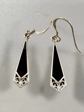 BOMA Vintage 925 Sterling Silver Art Deco Black Onyx Enamel Hook Dangle Earrings