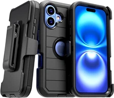 Designed for iPhone 16 Case with Belt Clip Holster & Kickstand, Black 