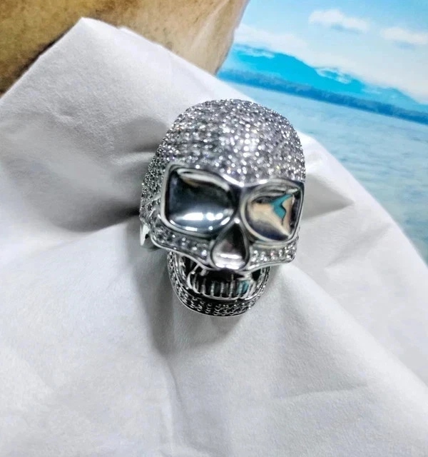 Herren Totenkopf Ring 2Ct Rundschliff Laborgefertigt Diamant 14K Weißgold vergoldet Silber