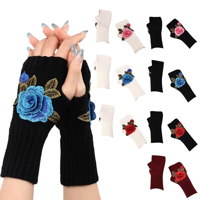 Ladies Warm Knit Fingerless Gloves Convertible Mittens Fashion Flowers