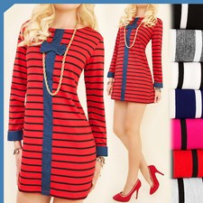 Abito Vestito Da Donna Elegante Stretch Righe Fiocco Loose Fit Girocollo Tunica