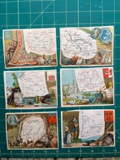 6 trade cards showing maps of parts of France