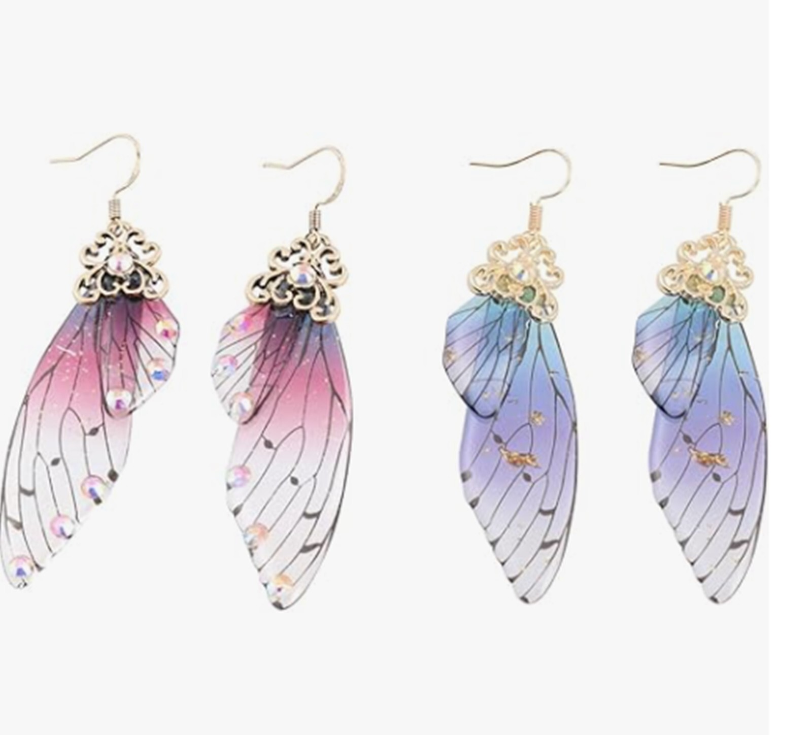 2 Pares de pendientes largos con diseño de alas de hadas y mariposas