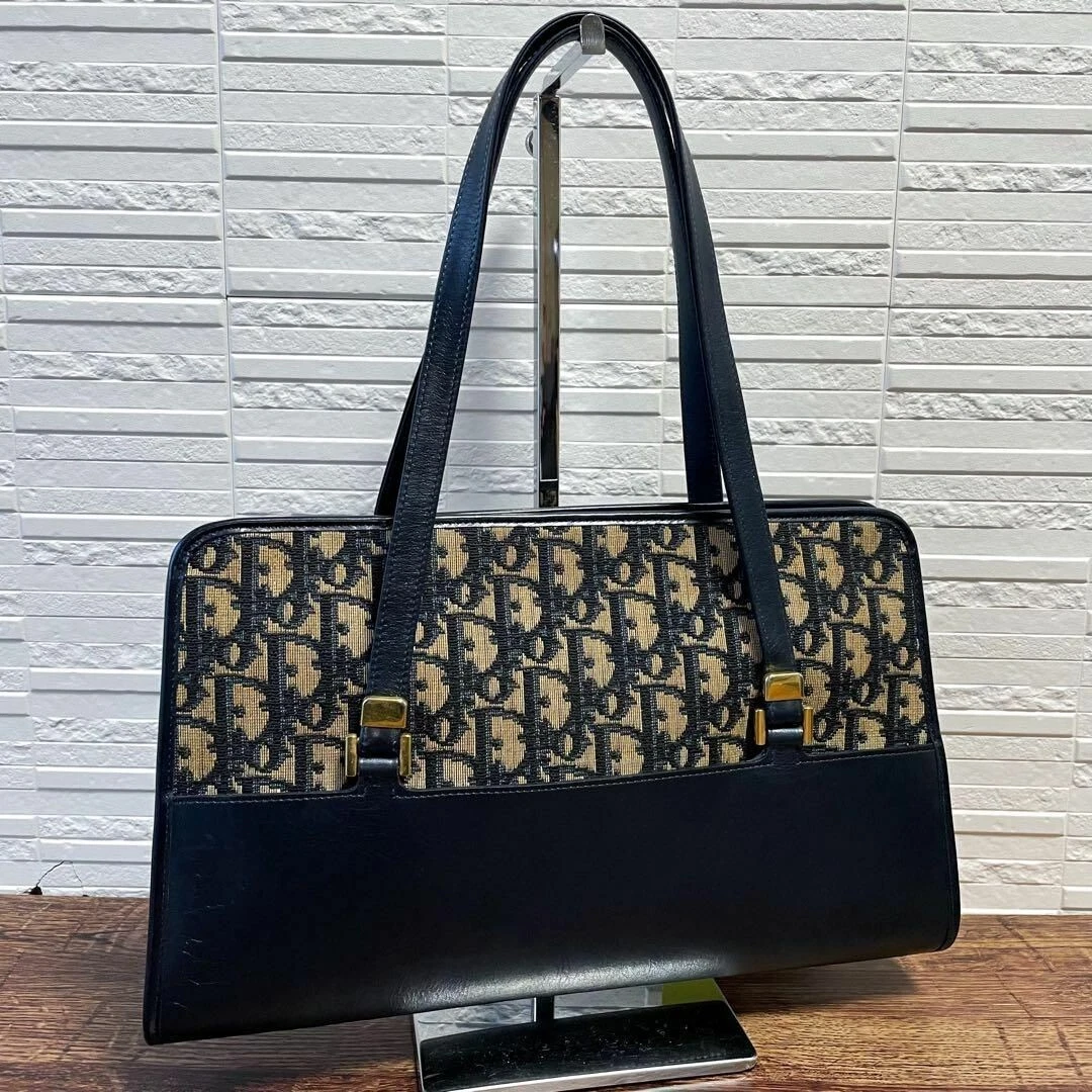 Sac à main fourre tout vintage Christian Dior trotteur toile cuir bleu marine du JAPON