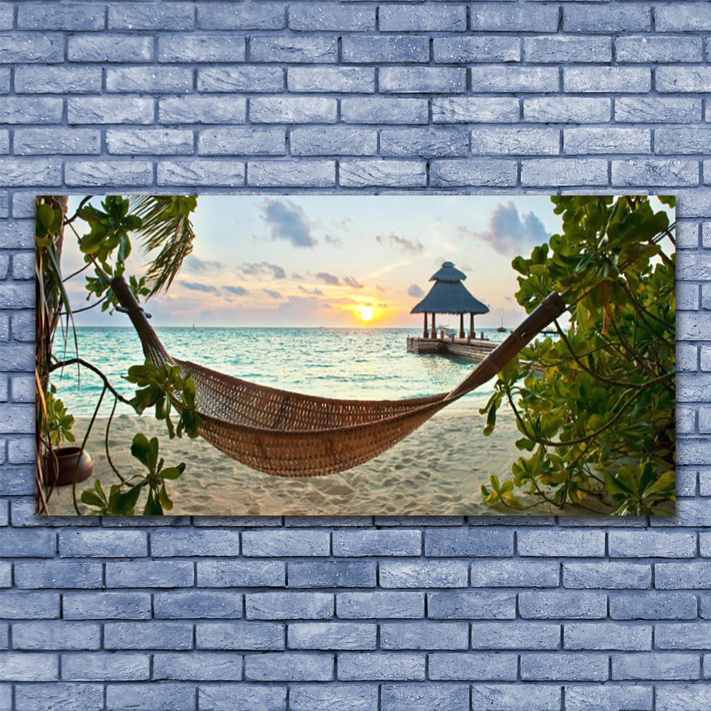 Tableau moderne paysage plage hamac en verre déco murale 140x70