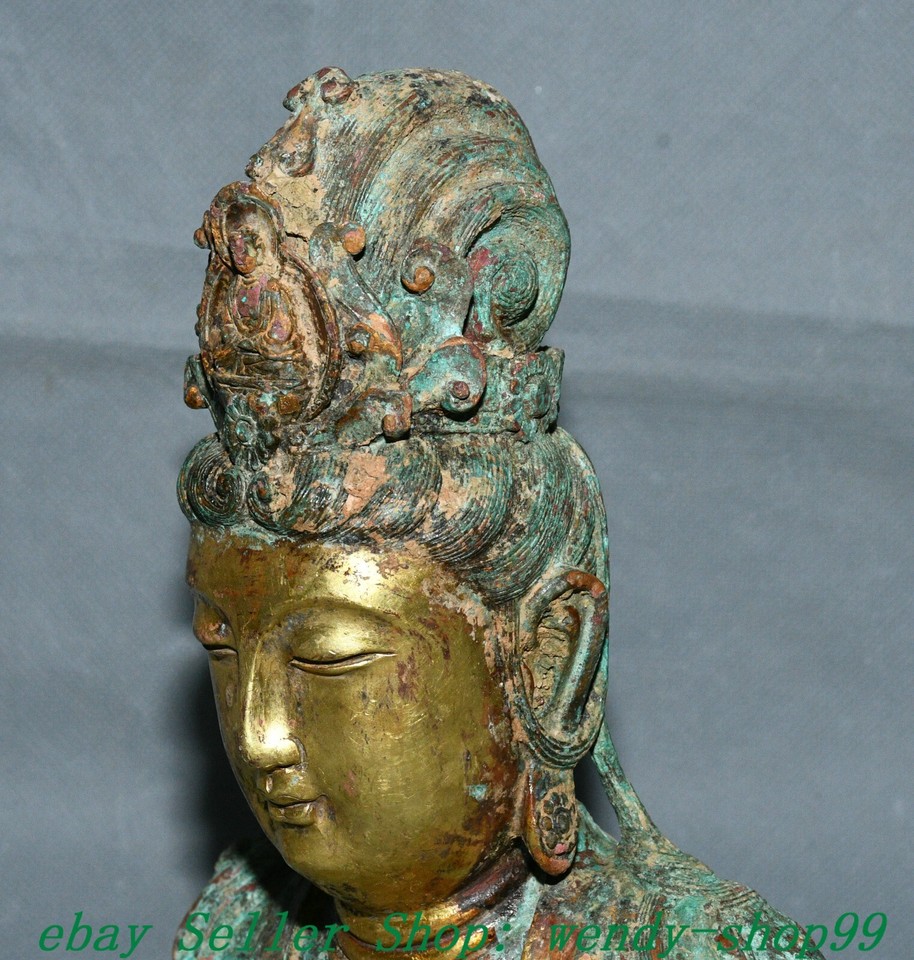 8" Old Han Dynasty Bronze Ware Gold Guanyin KwanYin Buddha Head Bust