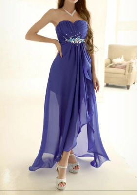 Royal Blue Strapless Prom Dress Chiffon Long Evening Gown Beaded Waist  Formal