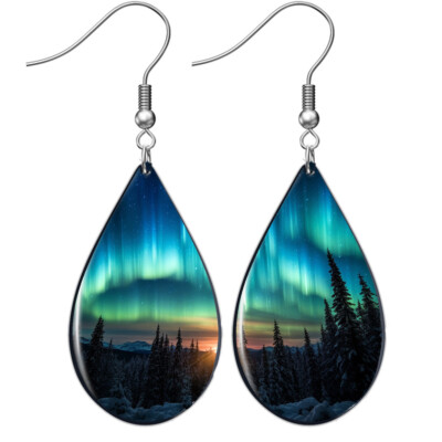 Aurora Borealis Northern Lights Earrings Celestial Teardrop Dangle Silver 