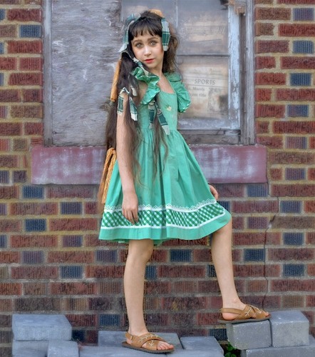 DollCake-sz 7-Green-Checkered-Tie Back-Dress-Sundress-cotton-twirl - Picture 3 of 7