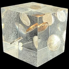 1968 Canadian Coin Set Lucite Square Paperweight Queen Elizabeth 2-1/2" Vtg U8