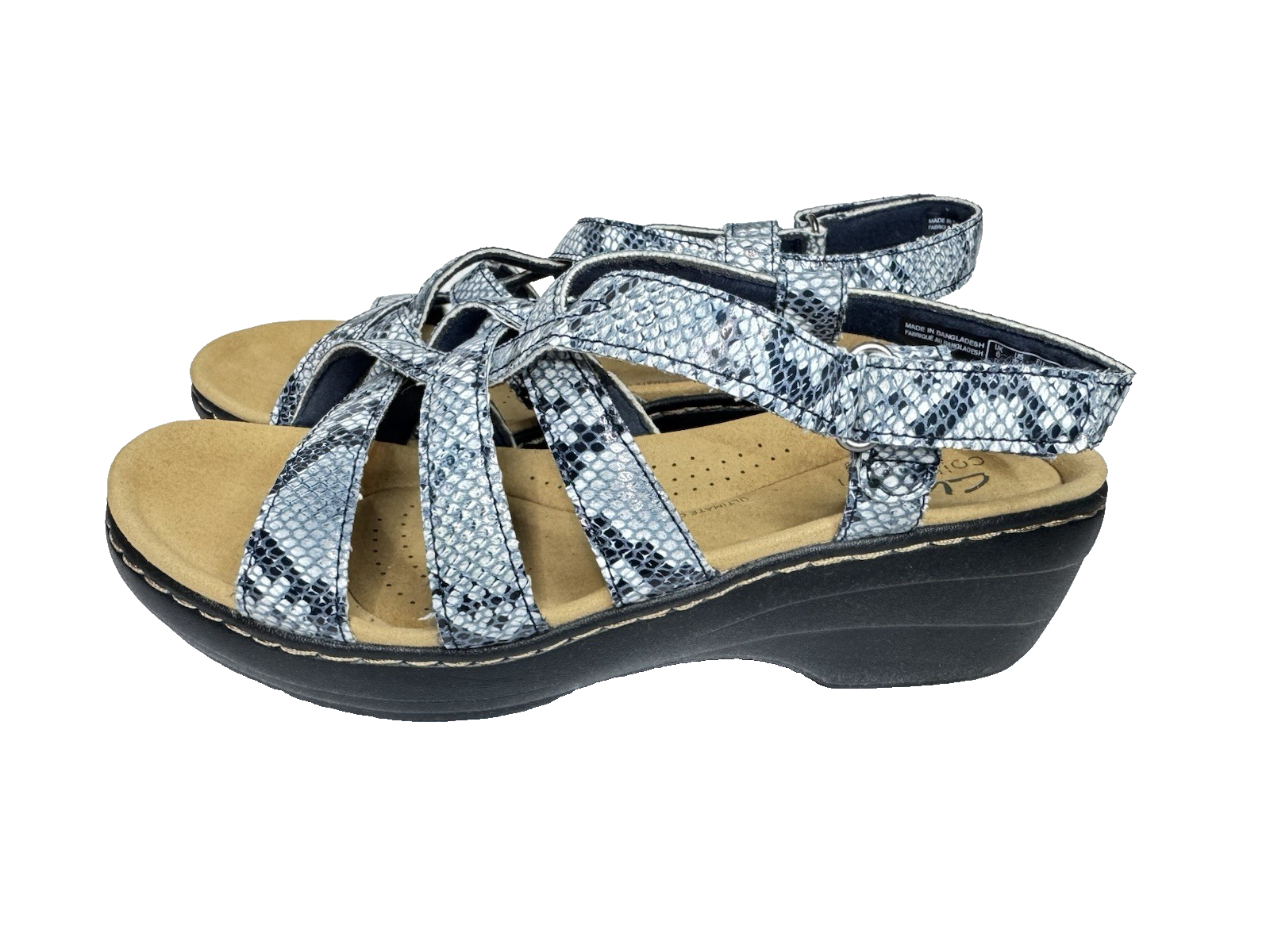 Clarks Womens Merliah Navy Snake Print Strappy Sandals Size 8.5