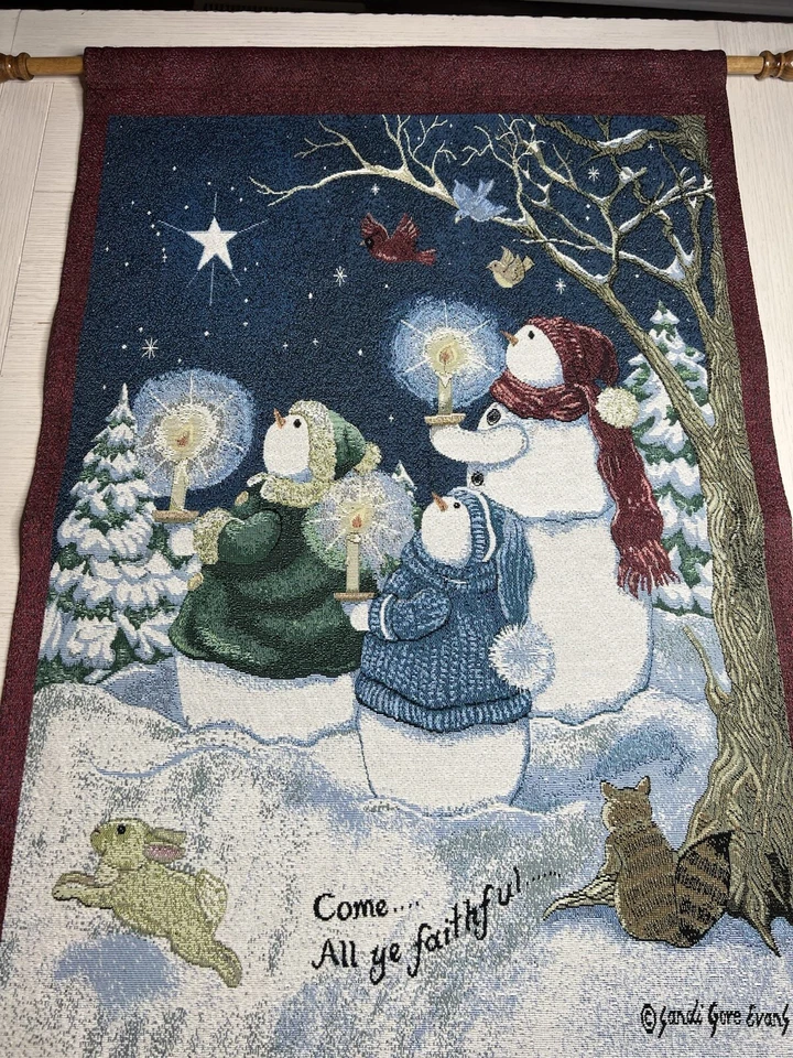 Sandi Gore Evan’s Tapiz Colgante en la Pared Muñeco de Nieve “Come All Ye Faithful” 37” x 25” Foto 3 de 4