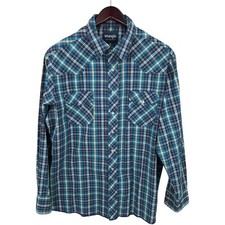 Wrangler Western Shirt Mens 2XL Blue Plaid Pearl Snap Cowboy Rodeo Vtg 90s