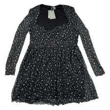 NWT Divided by H&M Black Floral Fit & Flare Mesh Lined Long Sleeve Dress Sz XL
