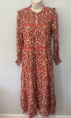 In Loom Dress Womens Small Rust Red Micro Floral Maxi Prairie Cottage Boho Chic