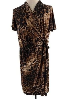Lane Bryant Wrap Dress Women's 22-24 Brown Leopard Print Belted Party Cocktail