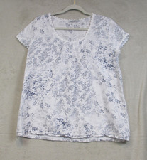 Elena Baldi White Blue Floral Print Italian Linen Lace Cap Sleeve Blouse Size L