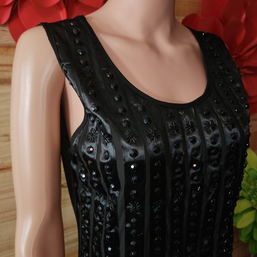 Vienna Women's Black Beaded Ribbon Fringe Dress 40's Inspired Stretch Size L - Picture 3 of 9