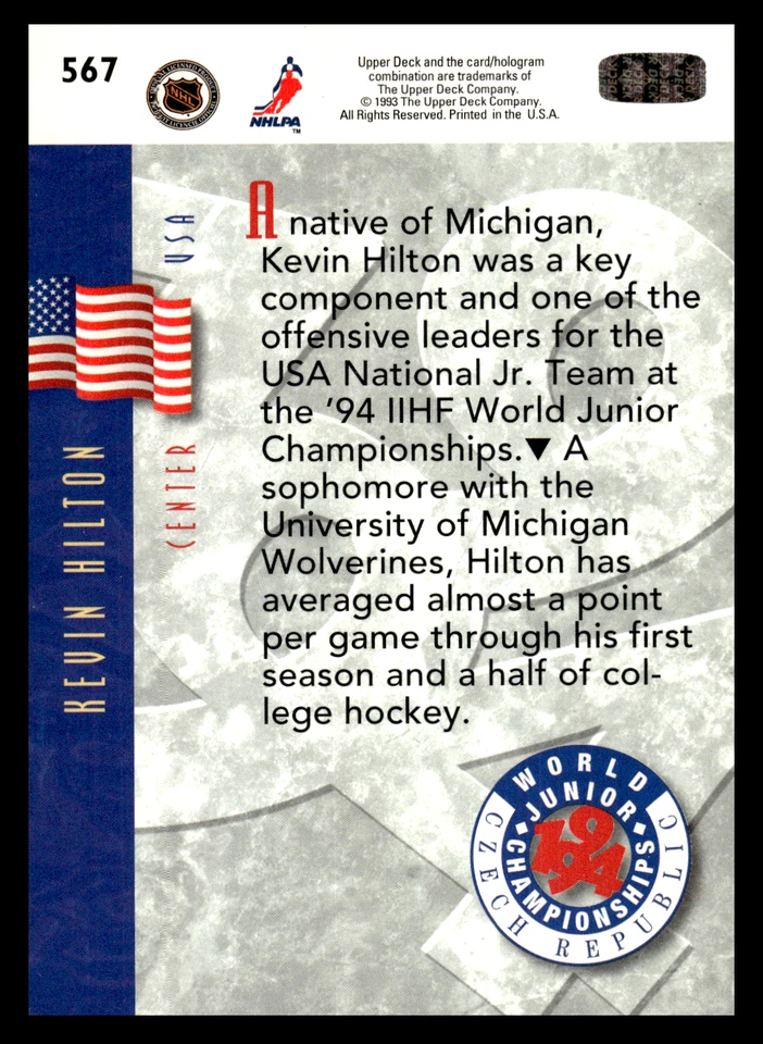 1993-94 Upper Deck Kevin Hilton #567 USA Rookie World Junior Championships NHL - Image 2 of 2
