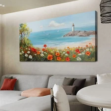 Ardemy Flowers Wall Art Canvas Blue Ocean Lighthouse Painting Seascape Landsc