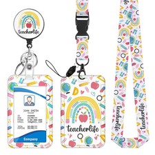 Rainbow Teacher Lanyards for ID Badges Holder Retractable Badge Reel with Clip F