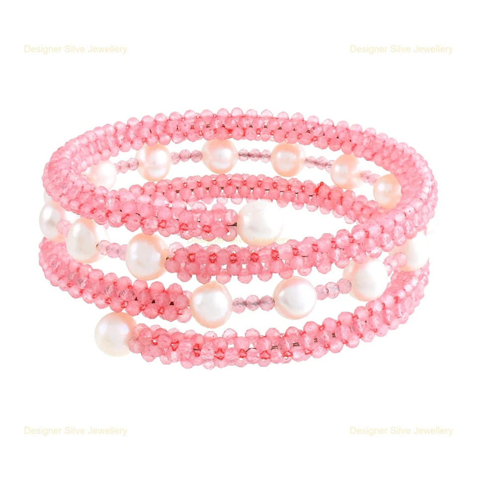 Brazalete de plata esterlina de cuarzo rosa natural con cadena de 3 envolturas de alambre de memoria joyería Foto 3 de 4