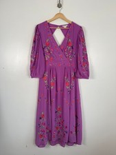 Monsoon Dress Size UK 12 Purple Floral V Neck Midi Puff Sleeve Occasion Wedding