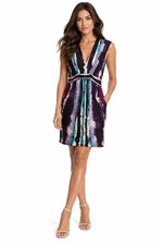 Komarov Sleeveless Abstract Print Sheath Dress Purple Teal Burgundy Size S