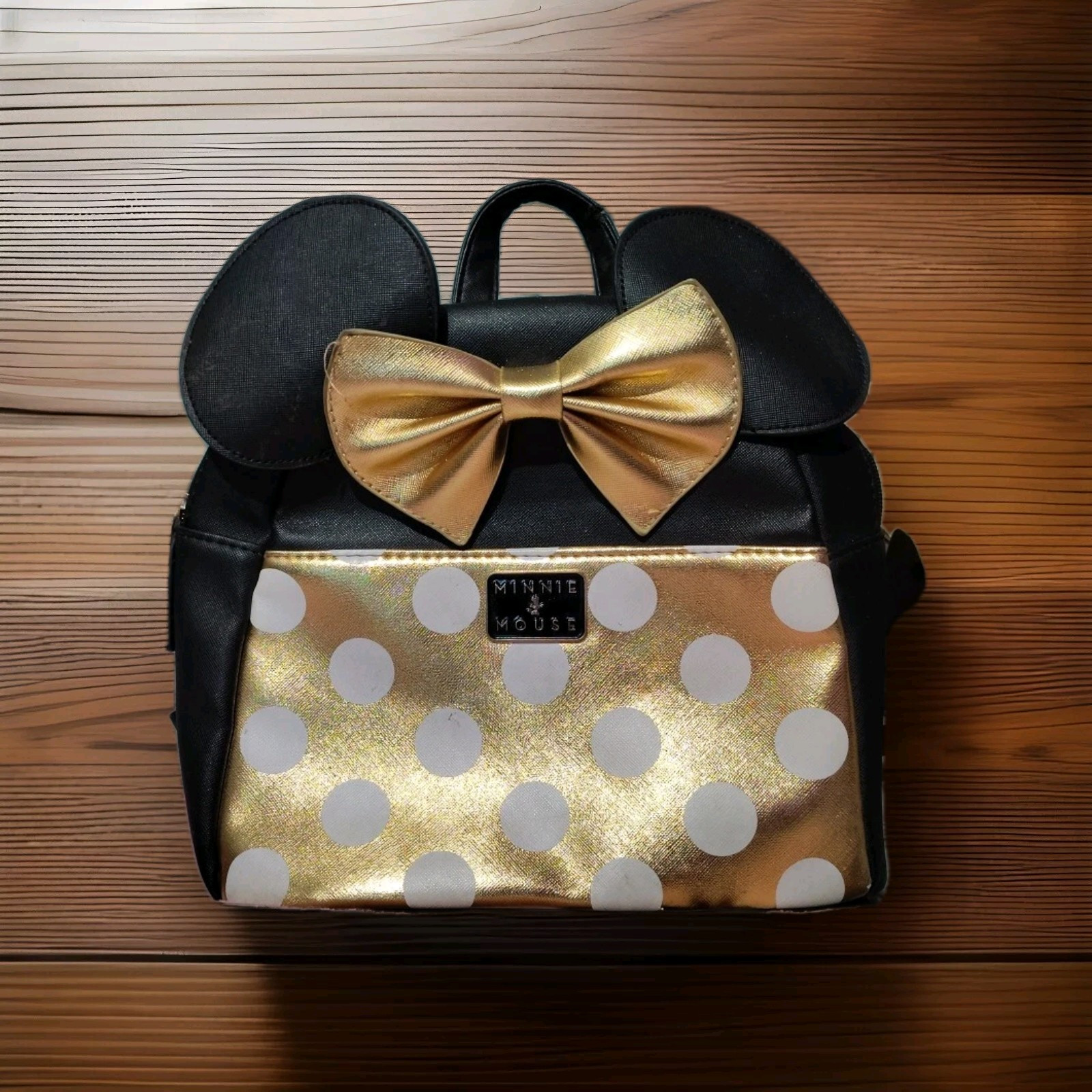 Disney Black Backpack with Gold Zipper and Minnie Tag Disney Minnie Mouse black and gold small Backpack | eBay main image 3