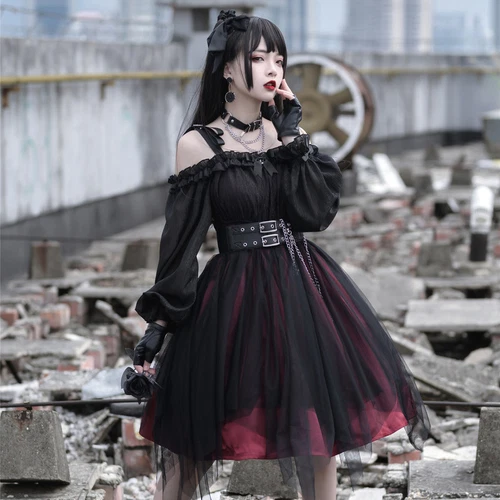 Abito donna gotico maglia con volant manica a sbuffo Lolita steampunk cosplay irregolare rosso - Foto 3 di 17