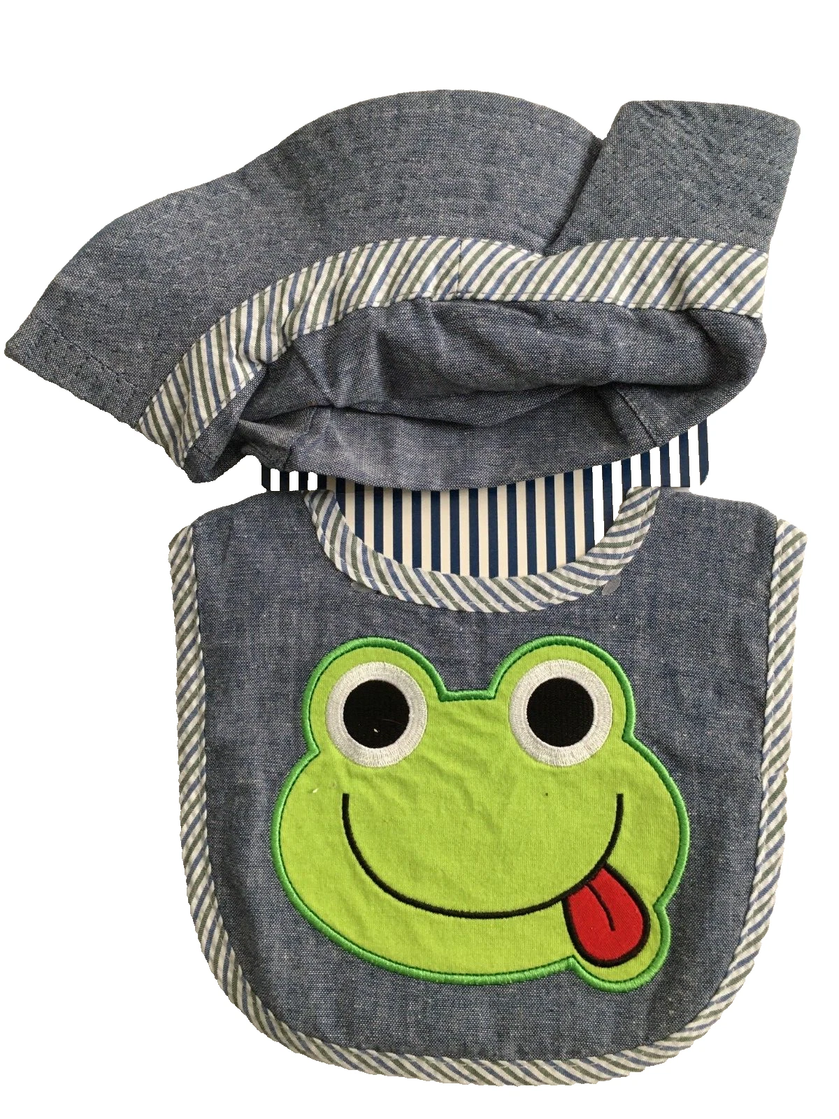 Infant Blue Denim Bib & Bucket Hat Set Frog Face Bib Blue Hat Stripe Trim Cotton