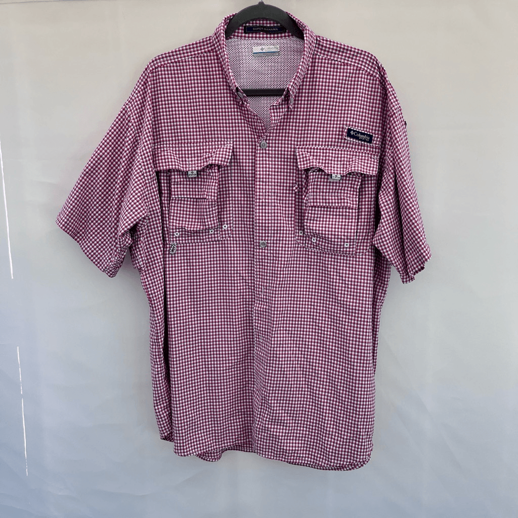 Columbia PFG Men's Red White Plaid Short Sleeve Vented Fishing