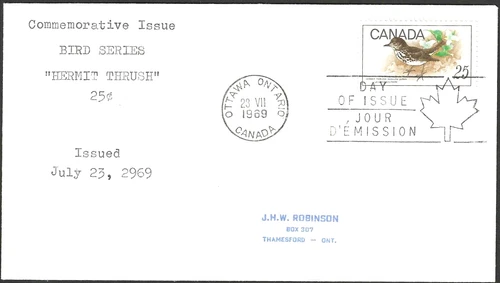 🍁Canada  #498  "HERMIT THRUSH"    Fine Used  1969 First Day Cover