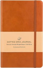 Dot Grid Hard Cover Notebook With Brown Smooth Faux Leather Premium Thick Paper