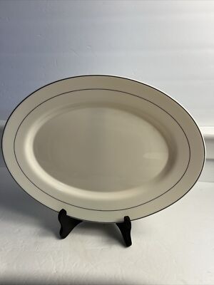ARCOPAL France 13 3/4'' White Milk Glass Blue Stripes Oval Serving Platters Tray