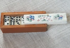 miniature bone domino set in 3"  box Mexico hand made double six 