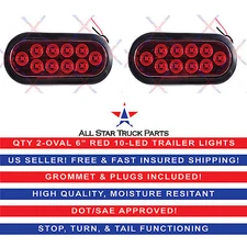 (2) RED 6" Oval LED 10 Diode Tail Light w/Grommet & Plug/Pigtail Truck Trailer