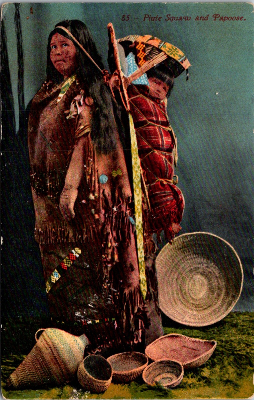 Native American Indian Piute Squaw Mother and Her Papoose Vintage Postcard 24167