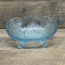Jeanette Glass Fruit Bowl Light Blue Embossed Flowers Leaves Vintage Candy Dish