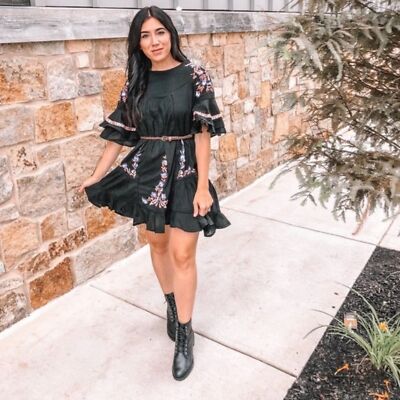 Free People Pavlo Embroidered Babydoll Tunic Mini Dress Black Floral Boho  XS | eBay
