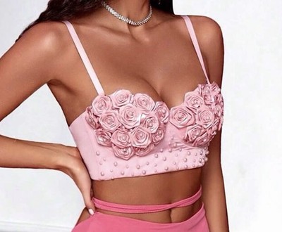 Rosa Push Up Crop Top Mit Perlen & Blumen Gr. M Neu