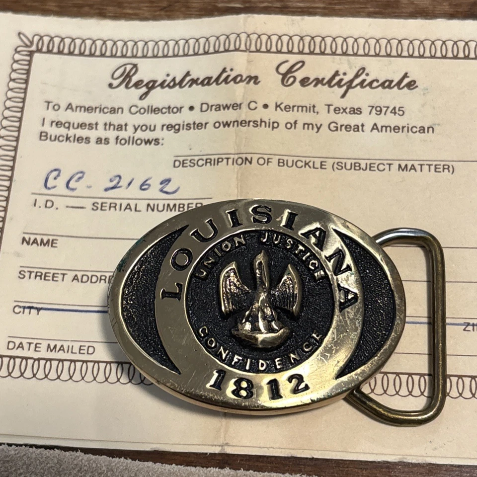 Hebilla de cinturón de latón macizo con sello de escudo de Louisiana pelícano vintage herencia como nueva rara Foto 4 de 4