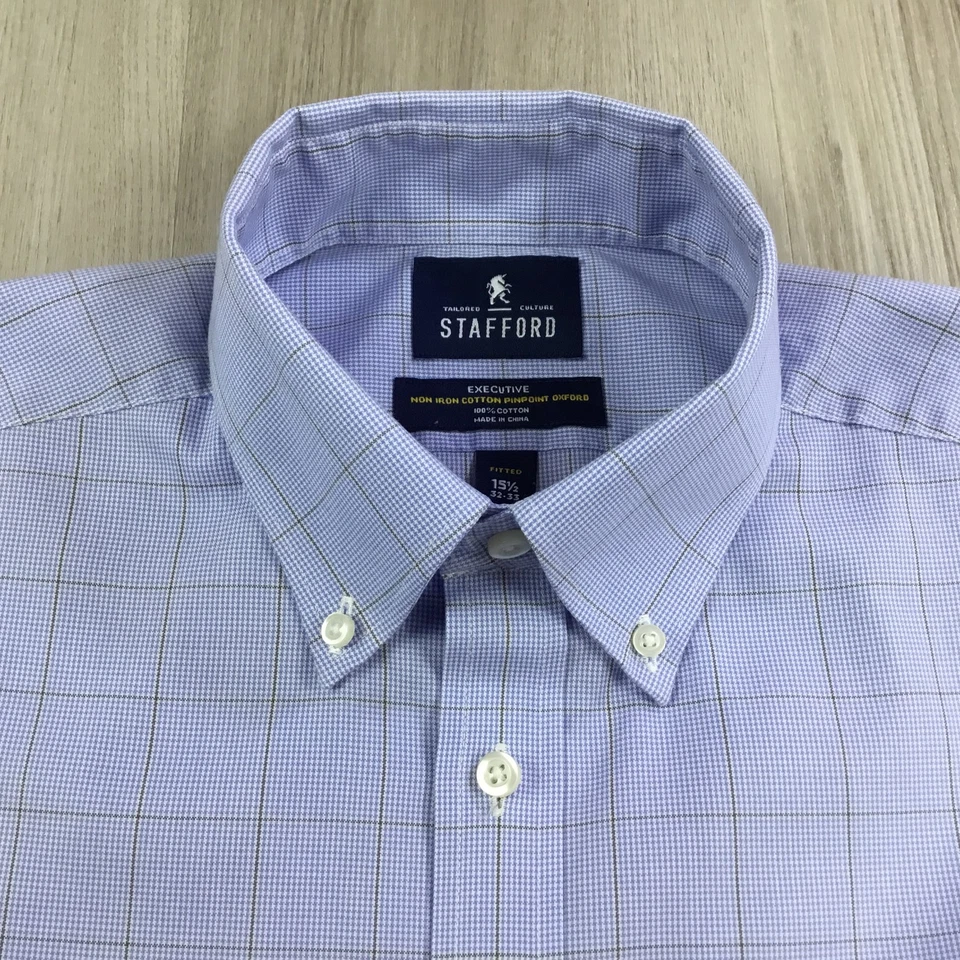 Camisa Stafford Para Hombre 15 1/2 Azul Cuadros Ejecutiva Pinpoint Oxford Manga Larga Foto 3 de 4