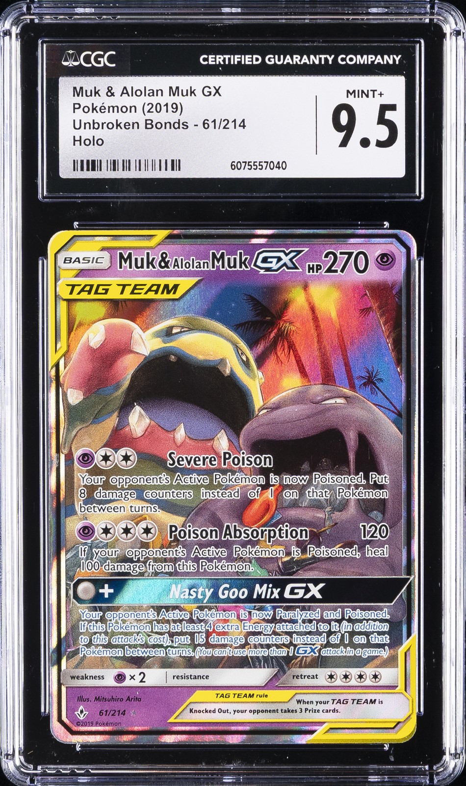 2019 POKÉMON UNBROKEN BONDS HOLO #61/214 MUK & ALOLAN MUK GX CGC 9.5