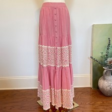 Cottagecore Maxi Skirt Tiered Eyelet Pink Lace Boho Prairie Size S/M Romantic
