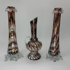 Vintage Murano Art Glass Vase Set Swirl Design Clear Applied Ruffle 3 Piece 