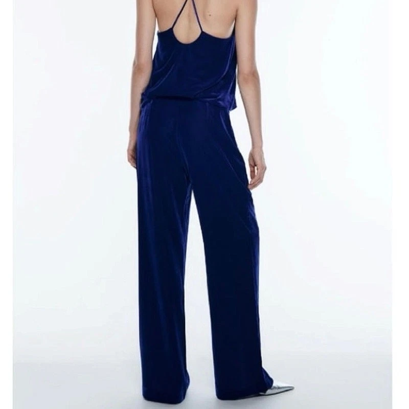 Pantalones Zara Azul Terciopelo Terciopelo Cintura Alta Ancho Acampanado Pierna Cortos al Tobillo Pantalones S Foto 3 de 4